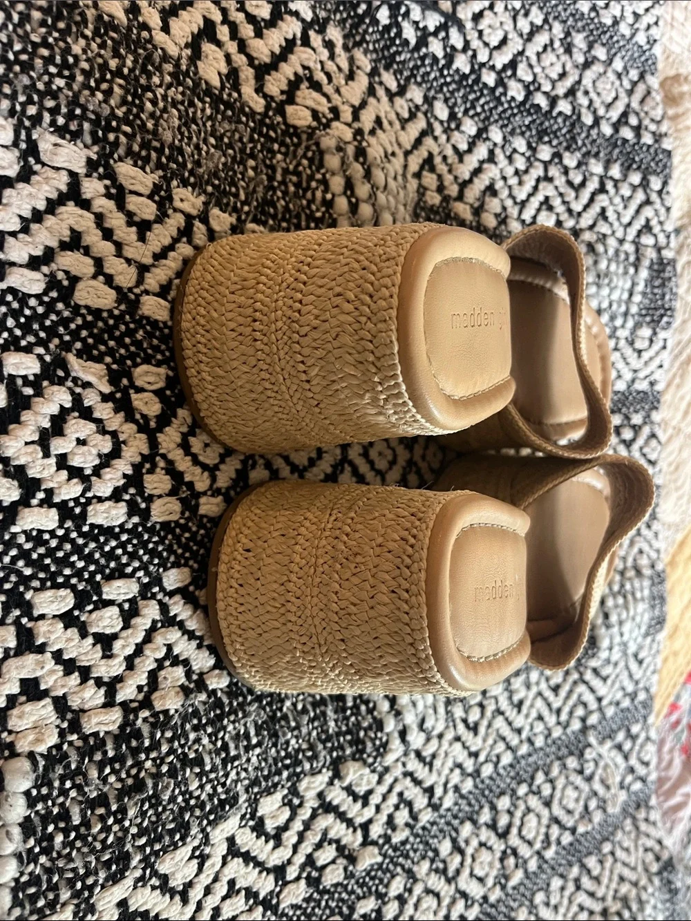 Madden Girl Beige Woven/Raffia Slide Wedge Sandals